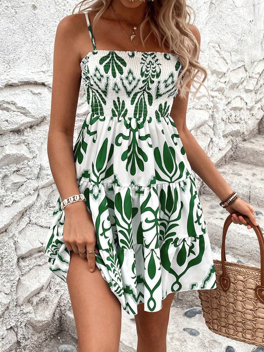 Plant Print Gathered Cami Fashion Dress For Women's