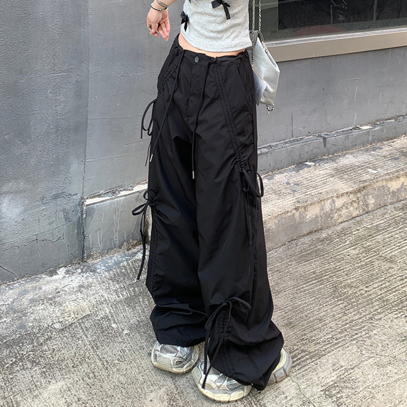 Urban Drawstring Parachute Pants – Streetwear Edge Redefined Loose Straight Wide Leg Mop Pants Women
