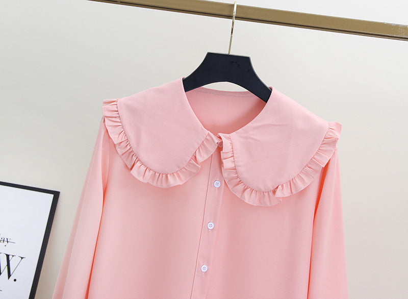 Adorable Ruffled Collar Blouse - Pink & White Loose Korean Style Doll Collar Top Coat