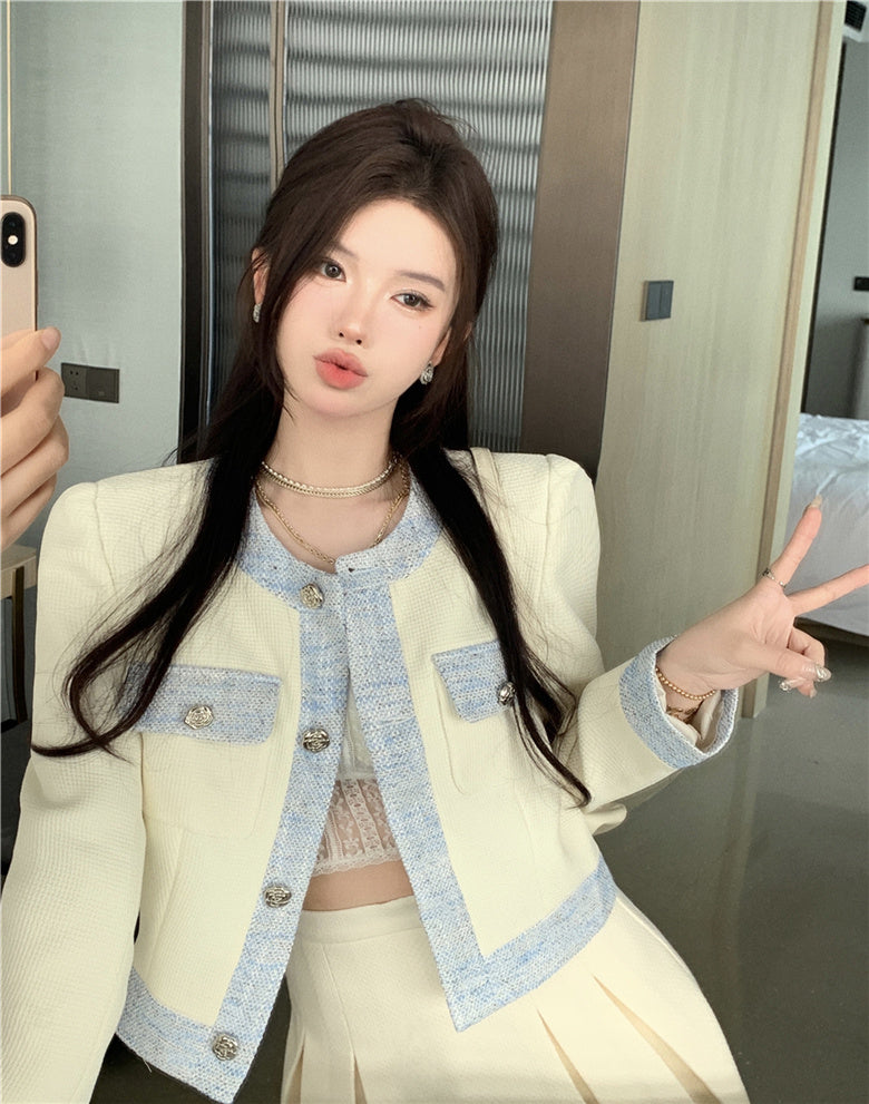 Chic Cream & Denim - Elegant Blazer Single Breasted Contrasting Korean Top