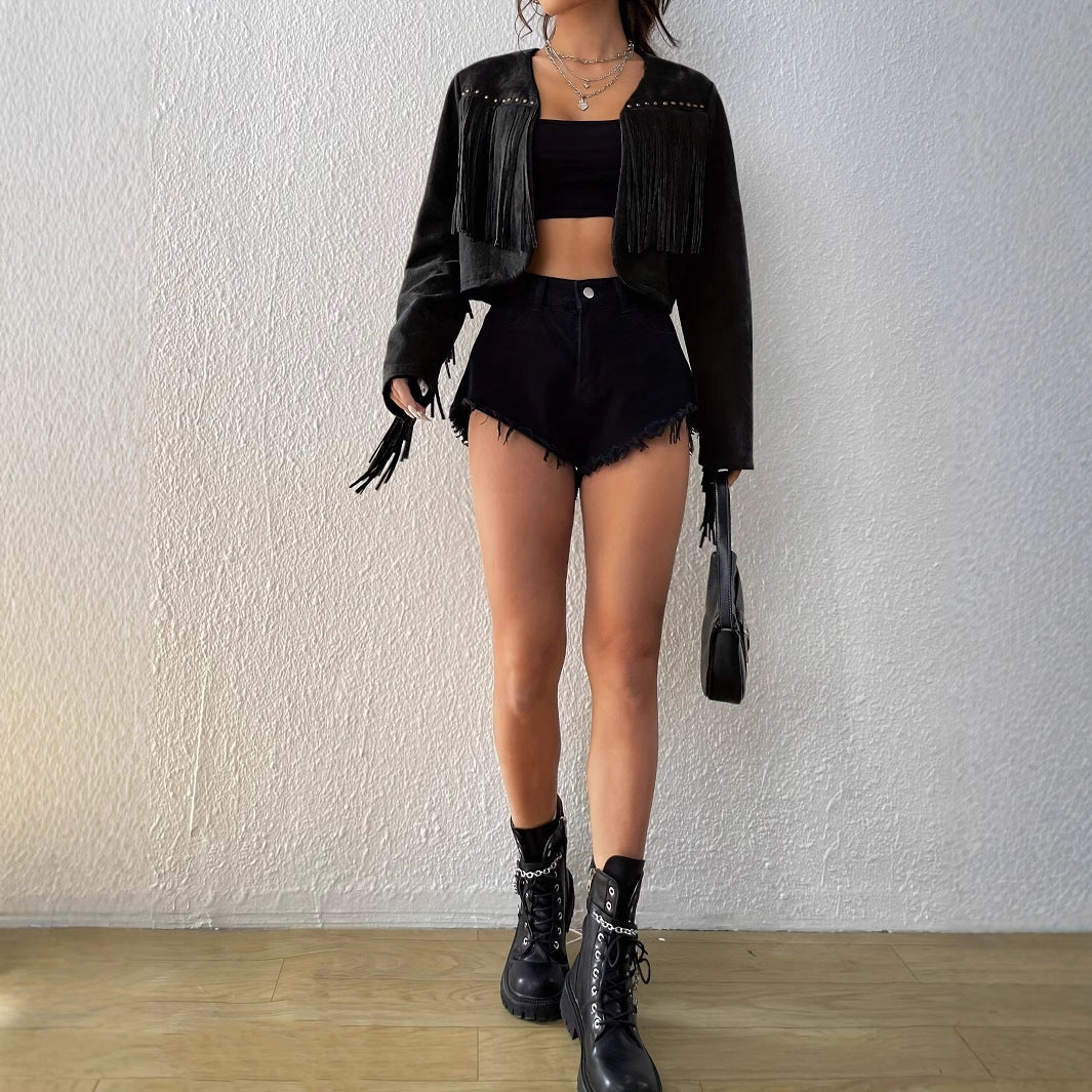 Fashion Solid Color Tassel Rivet Design Front Open Short Jacket