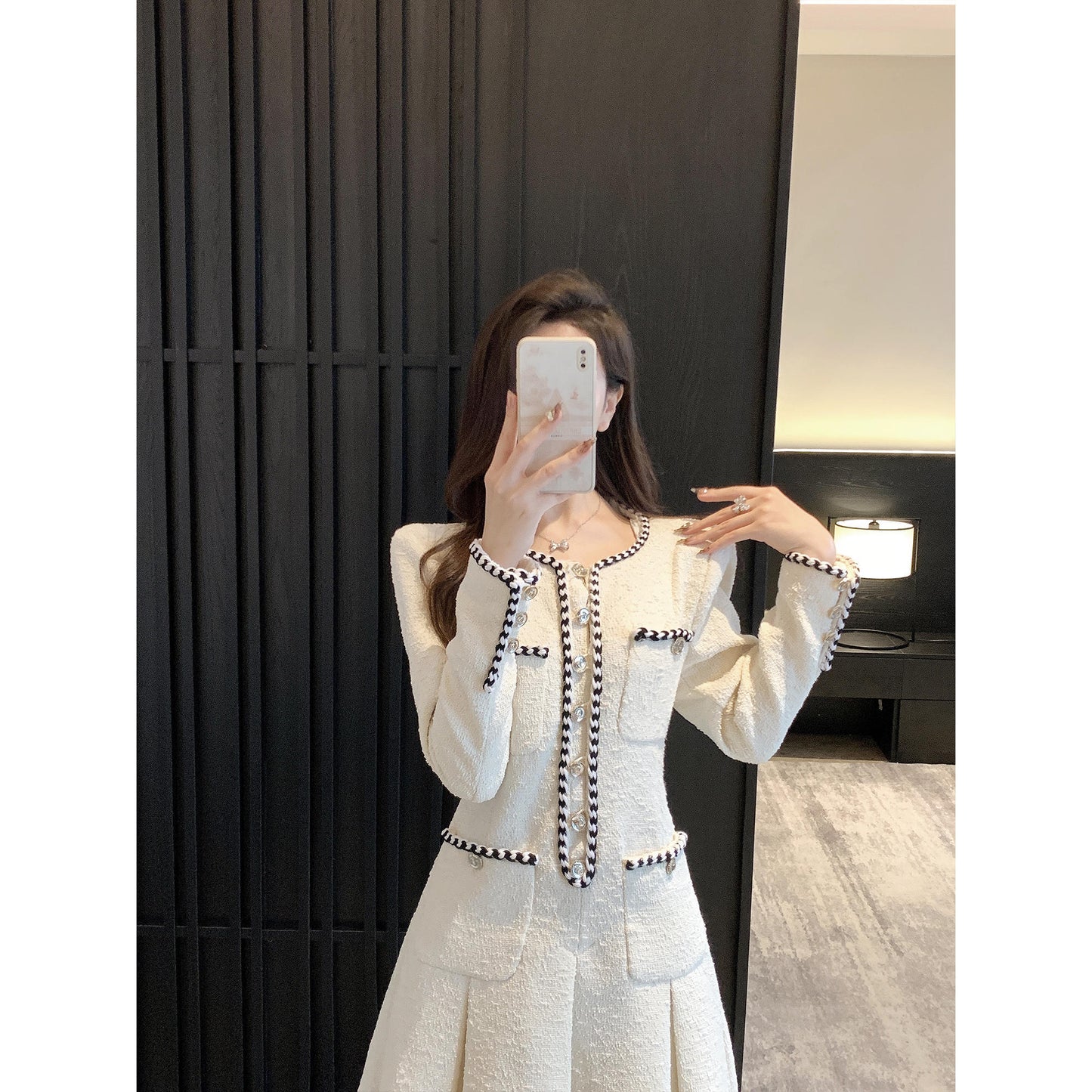 Chic Pleated Skirt Detail Long Sleeve Dress Women's French-style Tweed Dress