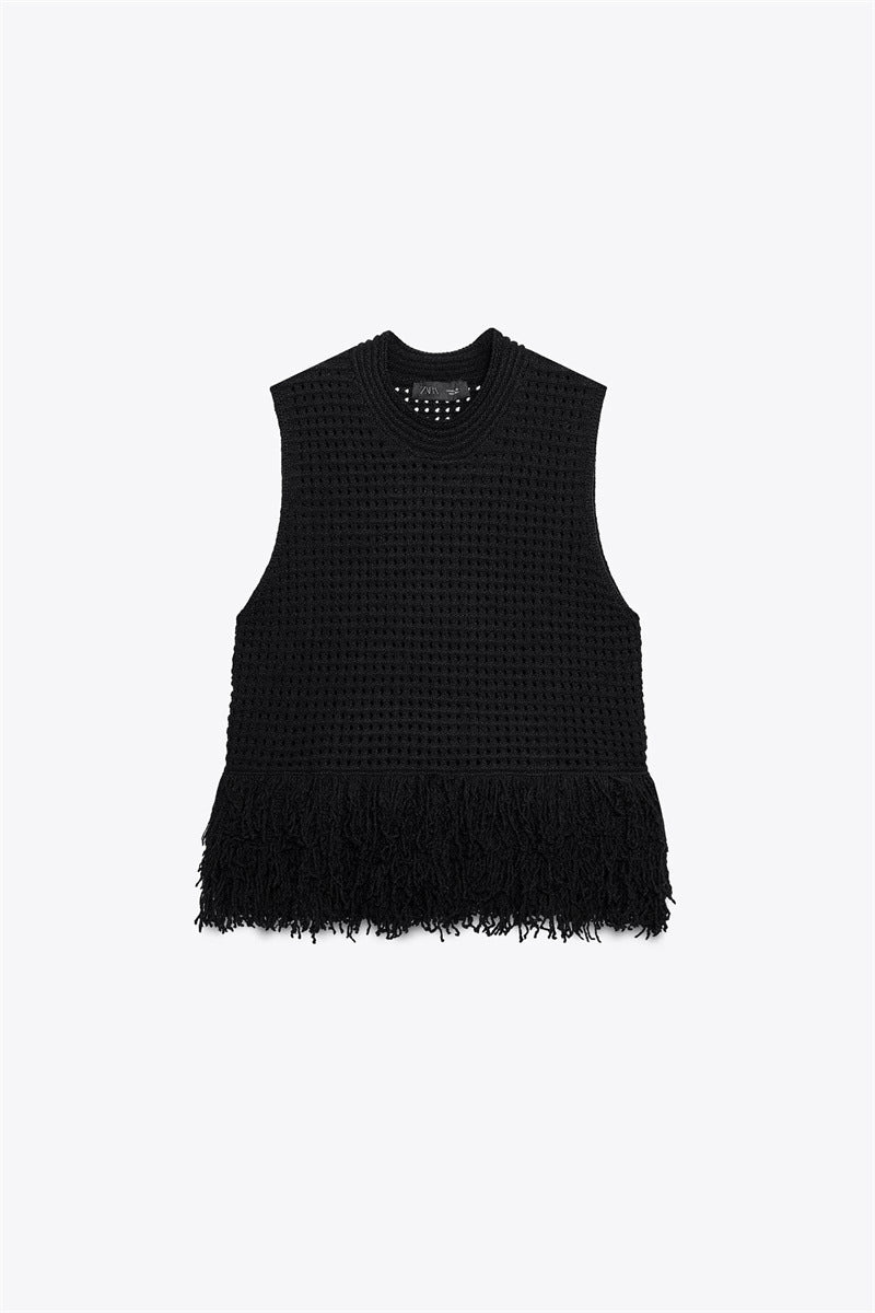Fashionable Simple Decorated Tassel Plaid Knitted Top For Women