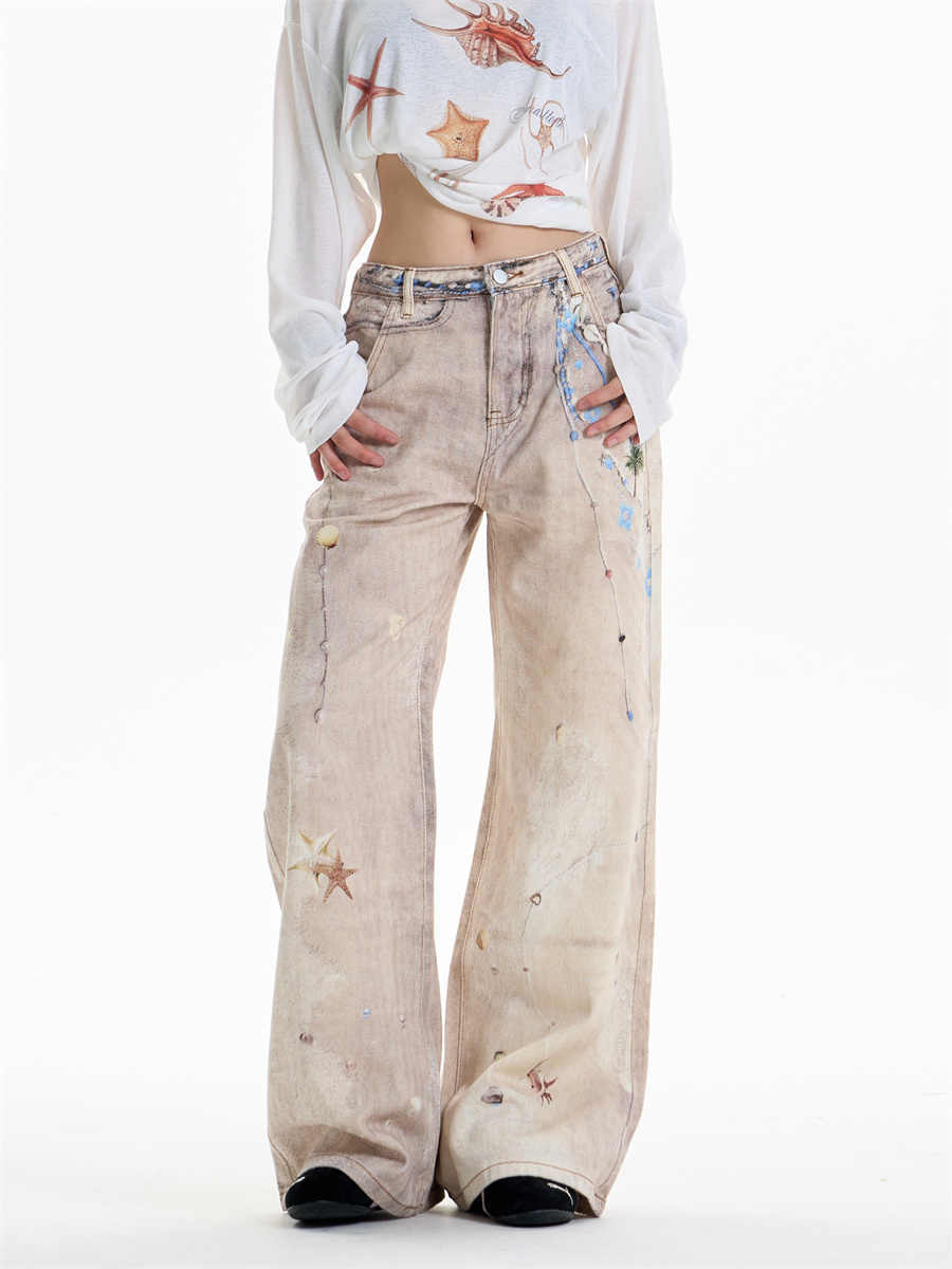 Retro Chain Print Worn Jeans Women's Straight Wide-leg Pants