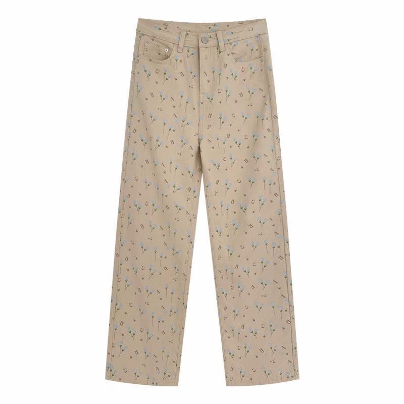 Beige Floral Embroidered Straight-Leg Pants – Vintage High-Waist Soft Girl Aesthetic Apricot Floral Jeans Women Loose Wide-leg Straight Trousers