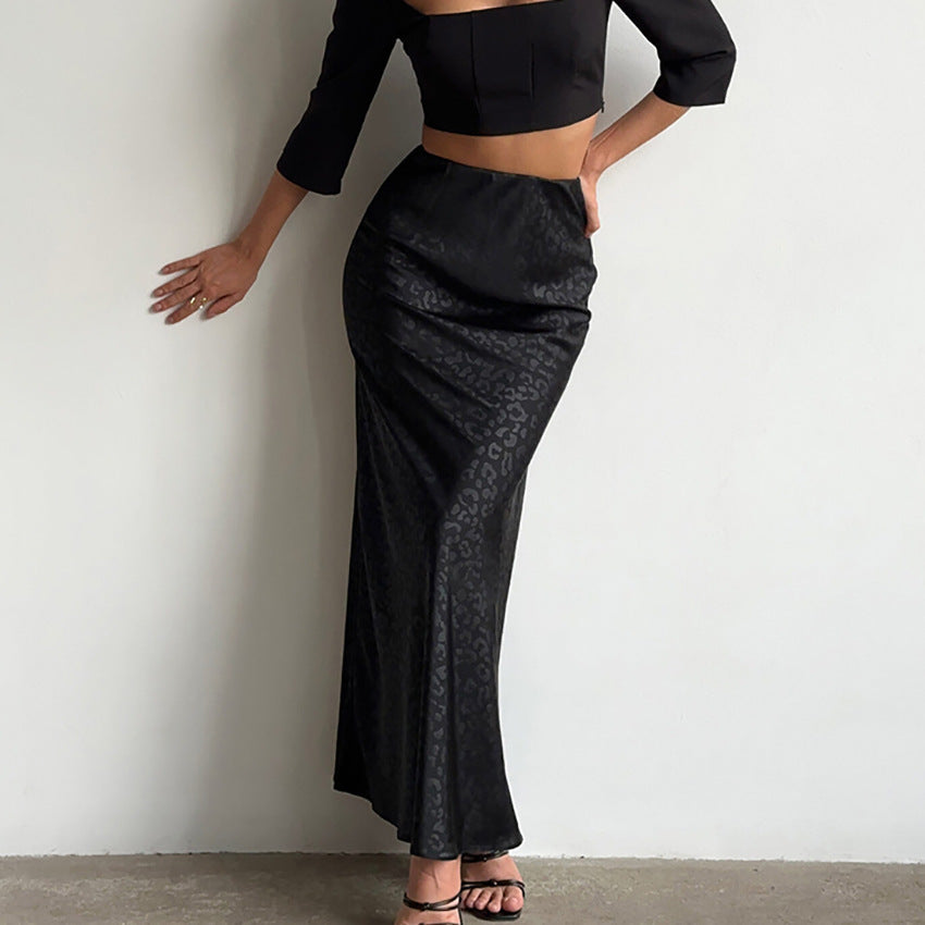 Fashion Leopard Fishtail Dark Satin Skirt For Women's