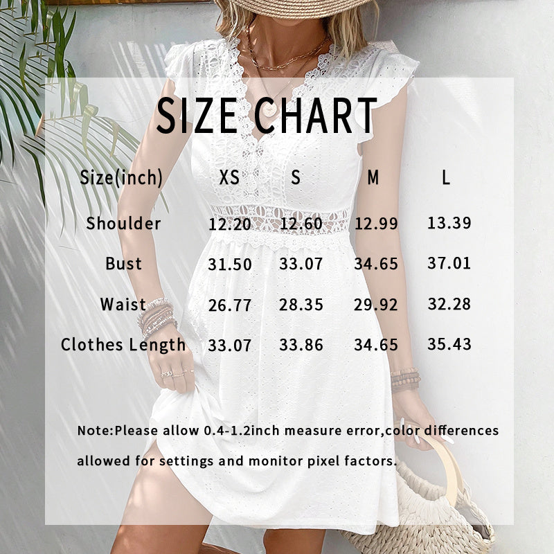 V Neck Lace Mini Dresses Casual Summer Ruffle Sleeve Crochet Sundresses