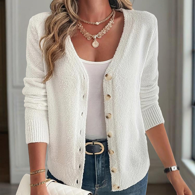 V-Neck Button Front Long Sleeve Knit Cardigan For Spring & Fall Elegant For Casual Wear