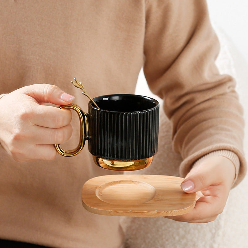Ribbed Ceramic Coffee Mug with Wooden Saucer & Gold Spoon Set Ceramic Mug Household Afternoon Tea Coffee Cup