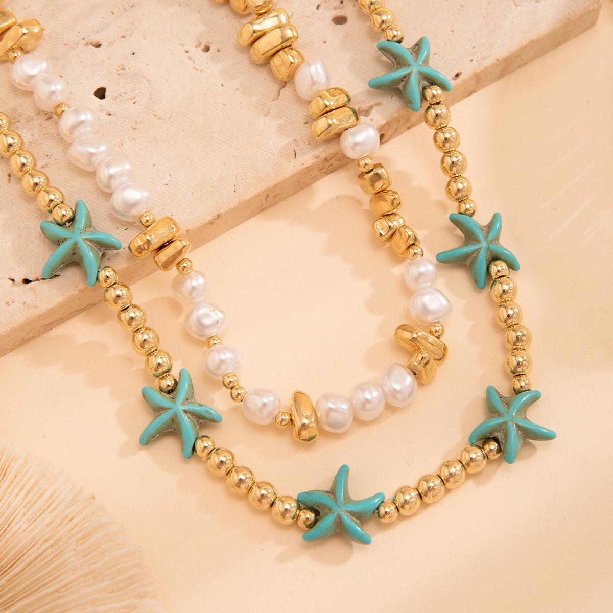 2-Layered Boho Beach Necklace – Starfish & Shell Charm Beaded Choker For Women's