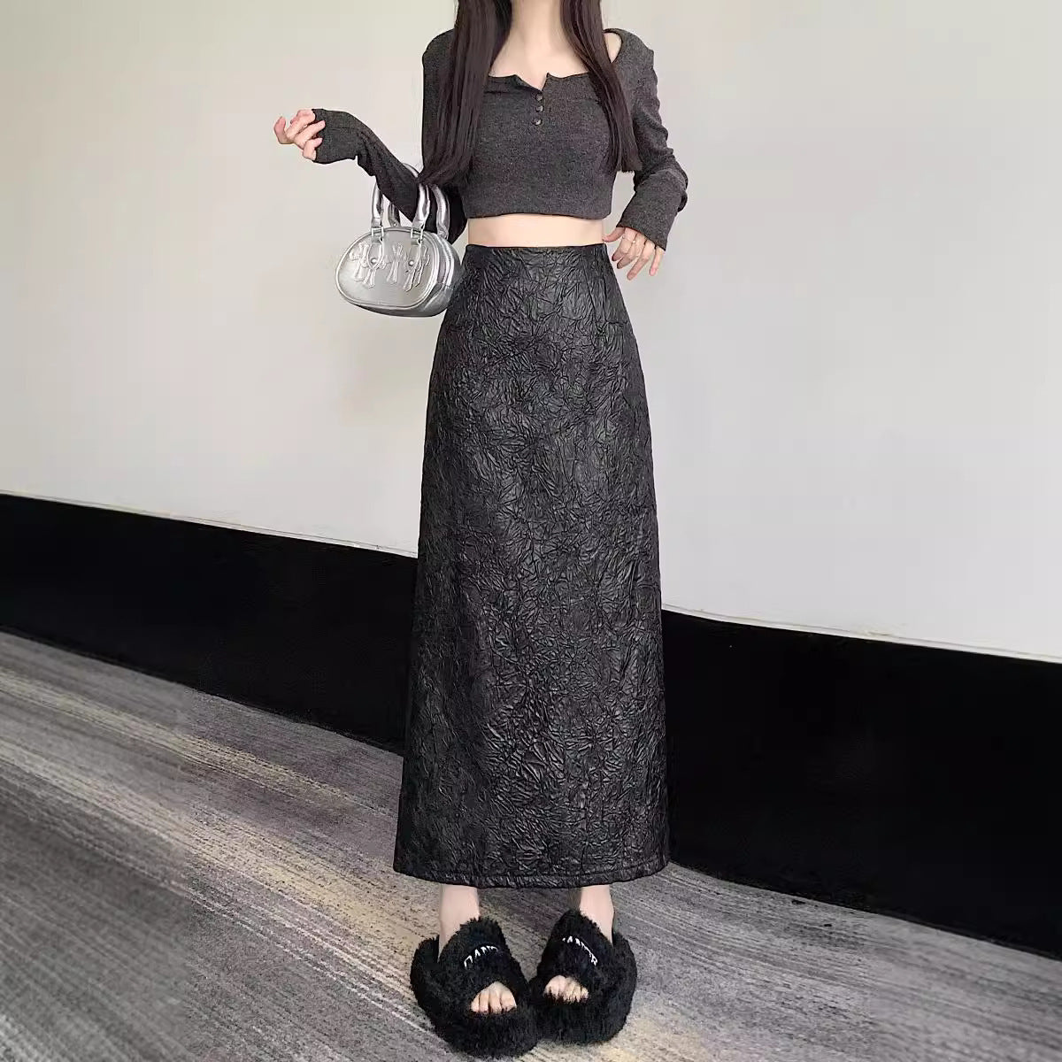 Pleated Retro Skirt Women's Split Long Skirt