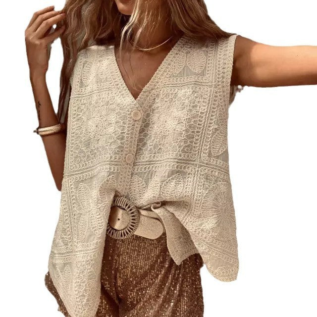 Boho V-neck Vest Lace Embroidered Buckle Cardigan Vest Vacation Top