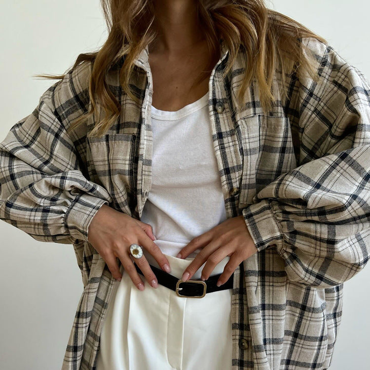 Retro Long Sleeve Pocket Plaid Boho Shirt For Women's
