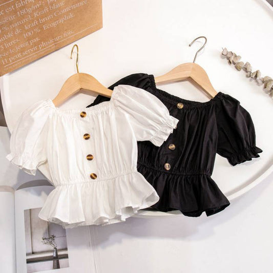 Stylish Toddler Girl Ruffle Hem Blouse | Short Sleeve Button Top Girls' One-shoulder Puff Sleeve Top Korean Style