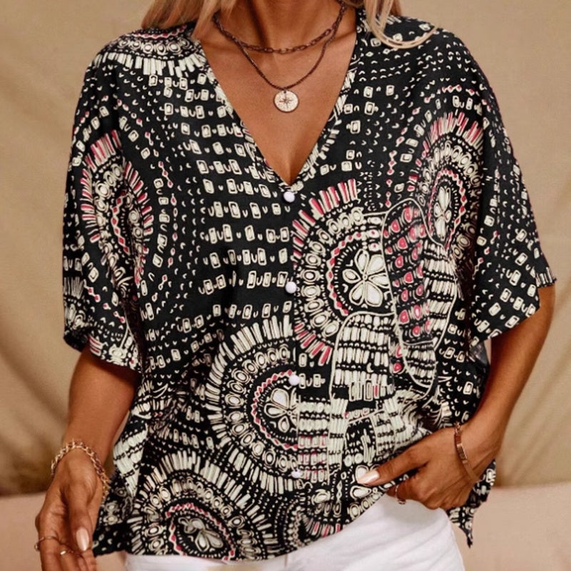 V-Neck Mandala Print Blouse Short Batwing Sleeve Casual Vacation Top