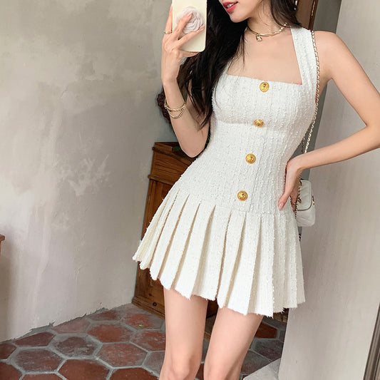 White Halter Neck Pleated Mini Dress with Button Detail Women's Camisole Classic Style Summer Dress