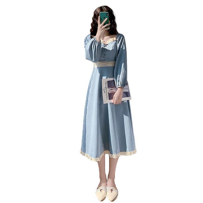 Elegant Vintage Style Long Sleeve Midi Dress French Retro Square Collar Dress