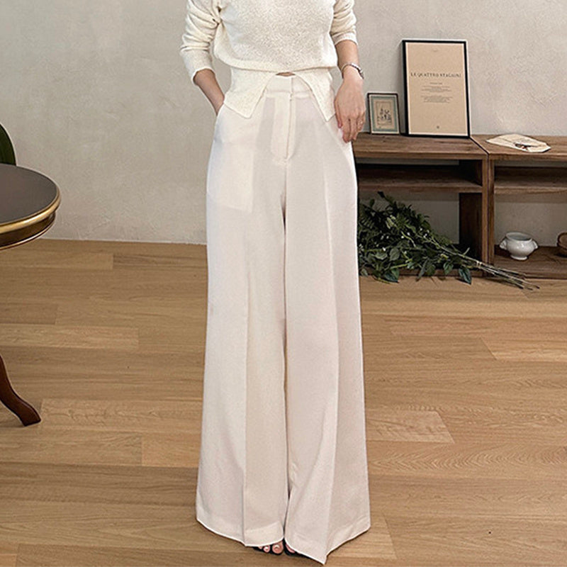 High-Waisted Elegant Wide-Leg Trousers – Office Chic Meets Minimalist Comfort Hanging Wide Leg Mopping Pants Casual Pants Women