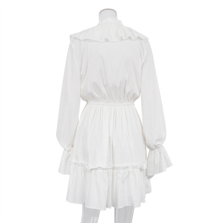 Chic Ruffle Mini Dress | V-Neck with Billowy Long Sleeves (White, Pink, Black, Blue) Fashion V Neck Pleated Ruffle Long Sleeve Dress Y2K V Neck Flared Sleeve Short Dress Women's Clothing
