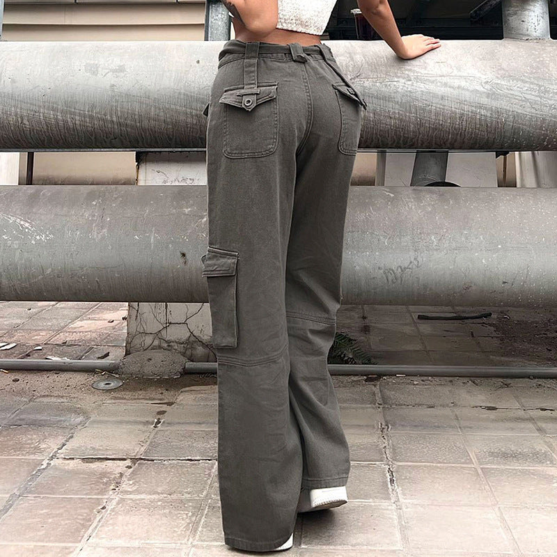 Tactical Chic – Where Street Meets Utility Vintage Multi Pocket Belt Casual Workwear Jeans Women