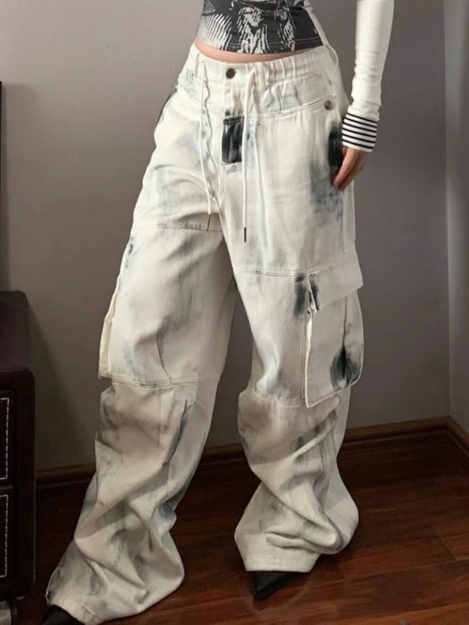 White Graffiti Distressed Cargo Jeans – Y2K Streetwear Wide-Leg Pants Plus Size Washed Brushed Multi-pocket Workwear Jeans For Women
