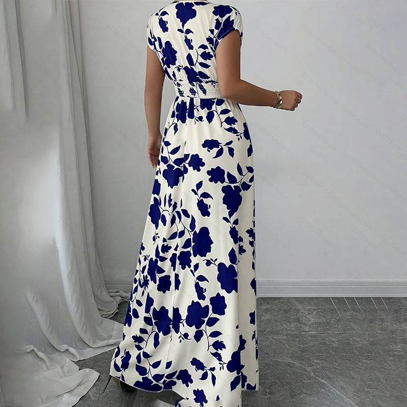 Wrap V Neck Short Sleeve Empire Elastic Waist Summer Casual Elegant Maxi Long Dresses