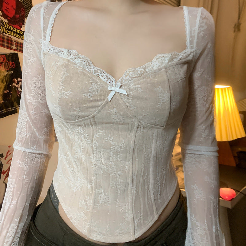 Lace Chest V-neck Lace Slim Fit Patchwork Top