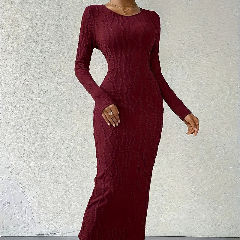 Crew Neck Long Sleeve Ribbed Dress Side Slit Knit Bodycon Midi Dress Women's