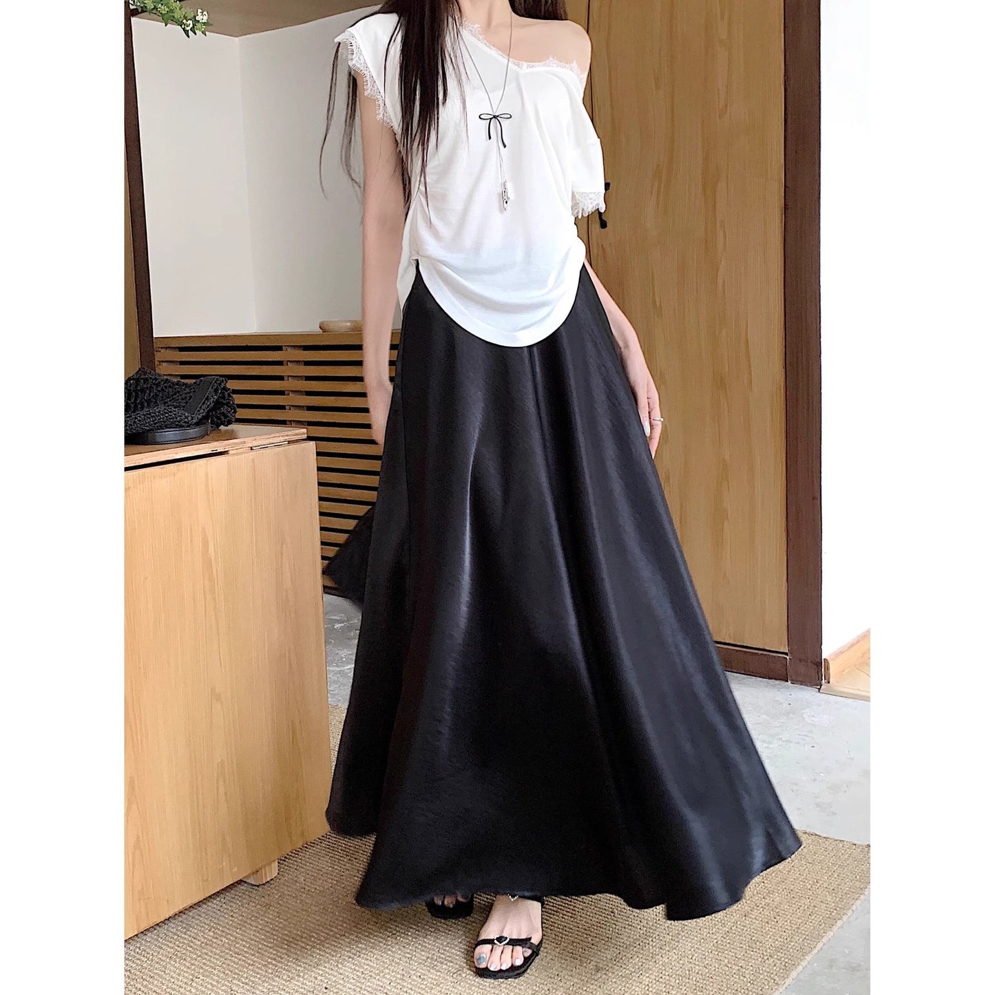 Casual All-match Acetate Satin Draped Solid Skirt