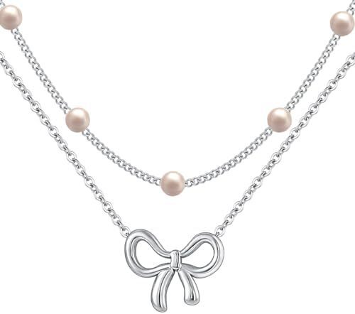 Layered Pearl & Bowknot Pendant Necklace Simple Pearl Double Layer Choker Fashion Gold Color Necklaces Chain Small Bow Pendant Necklace Jewelry Gifts For Women Fashion Jewelry Valentine's Day Gifts