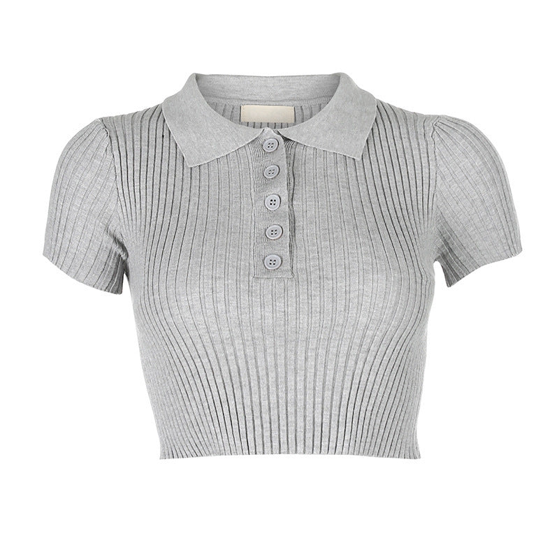 Summer Knit Polo Blouse - Short Sleeve Collared Top Korean Style Lapel Slim Slimming Cropped Top