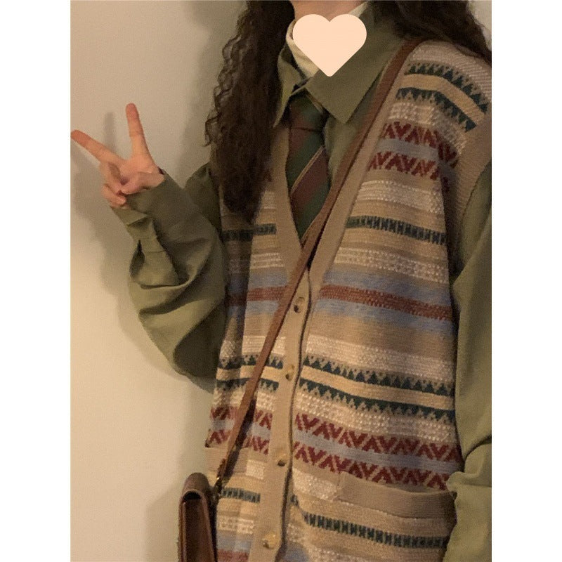 Retro Knit™ Vintage Patterned Sweater Vest – Cozy Academia Aesthetic Korean Style Loose Knitted Collar Top