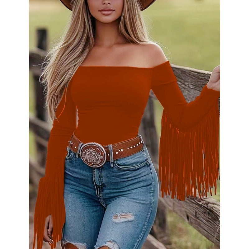 Western Cowgirl Off-Shoulder Fringe Top, Sexy Slim Fitted Long Sleeve Tassel Blouse