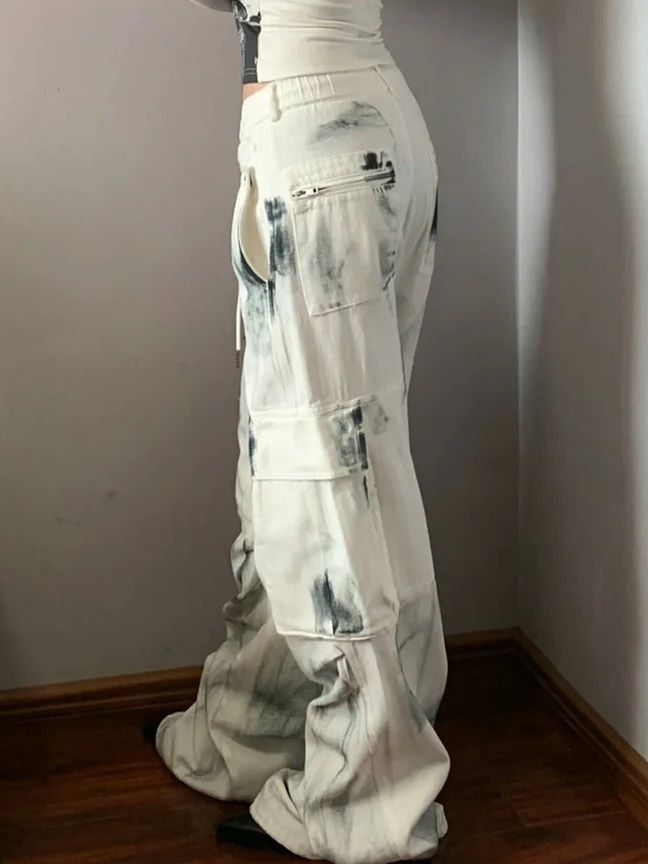 White Graffiti Distressed Cargo Jeans – Y2K Streetwear Wide-Leg Pants Plus Size Washed Brushed Multi-pocket Workwear Jeans For Women