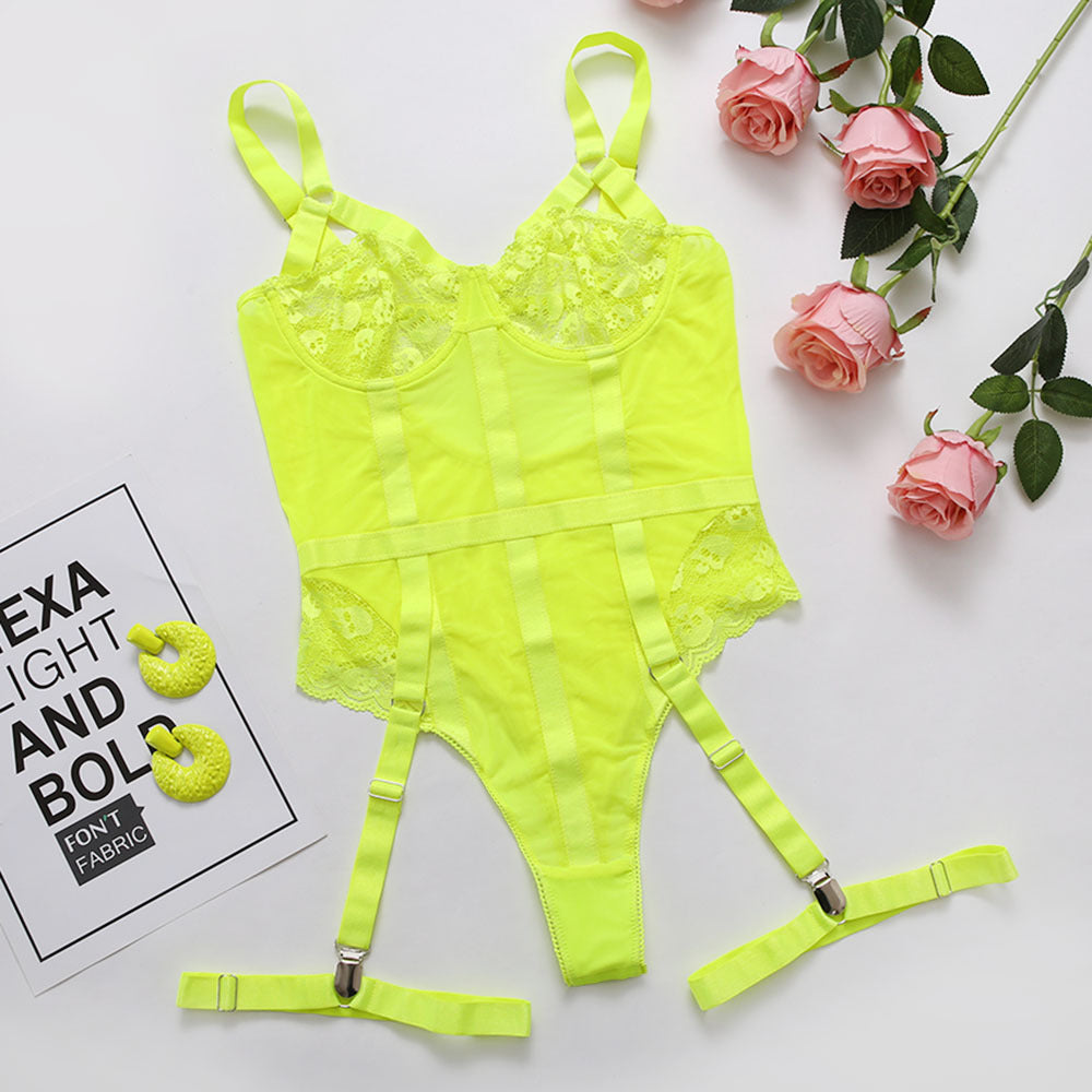 Lace Bodysuit with Garter Belt - Sheer One Piece Lingerie Lace Sexy Nightclub Outfit Jumpsuit