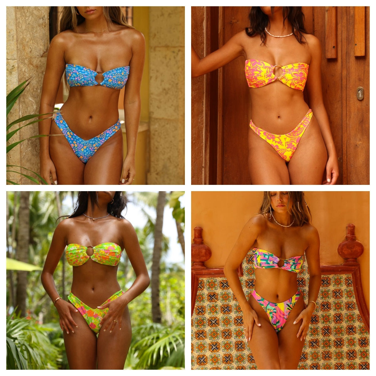 Tropical Twist Bandeau Bikini Set – Vibrant Prints & Beach Vibes Women's Split Printed Bikini Swimsuit