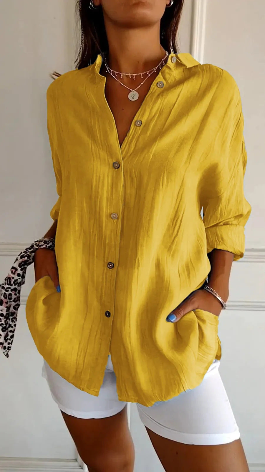 Lapel Long Sleeve Shirt Single-breasted Pleated Shirt For Women's