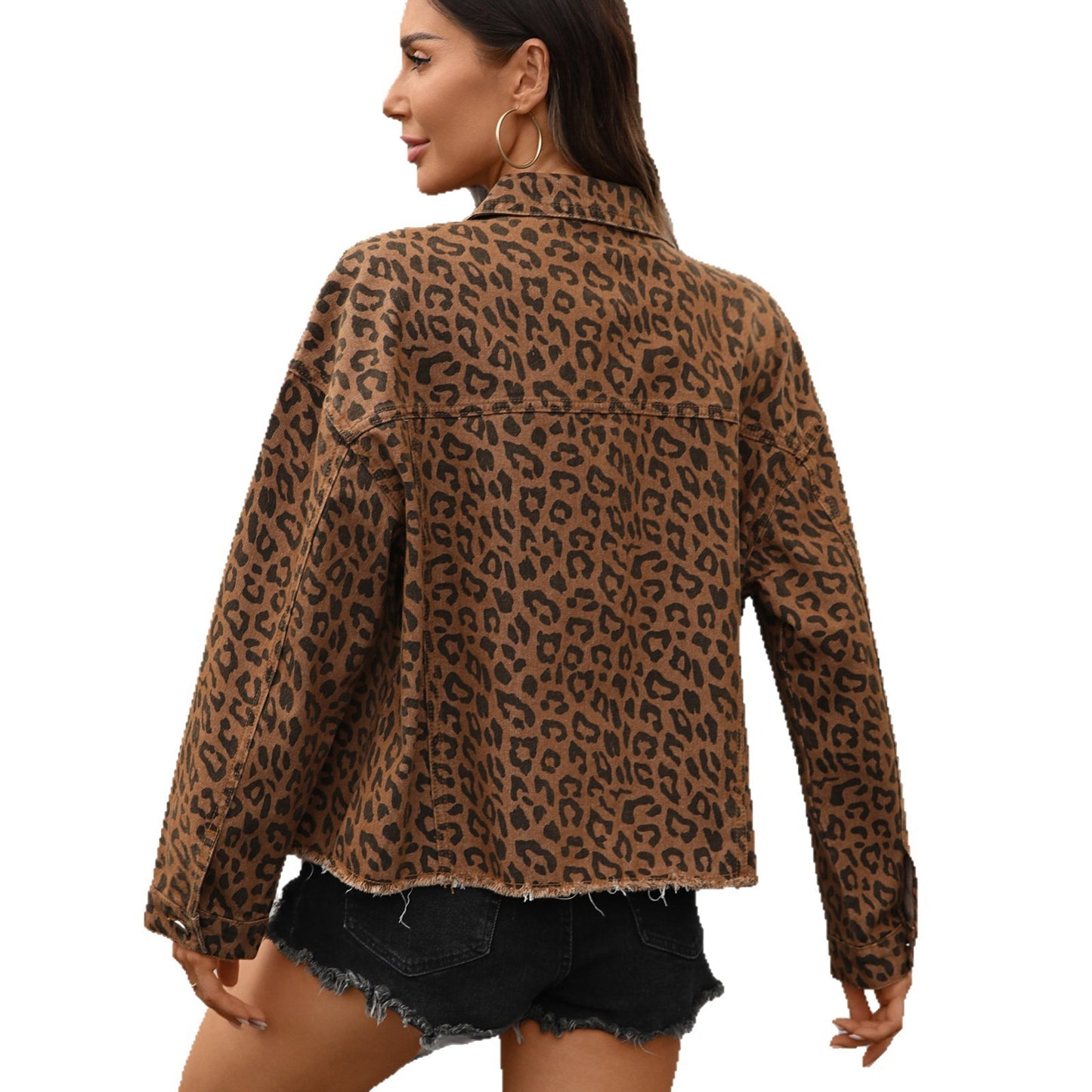 Loose Street Style Personalized Leopard Print Denim Short Jacket