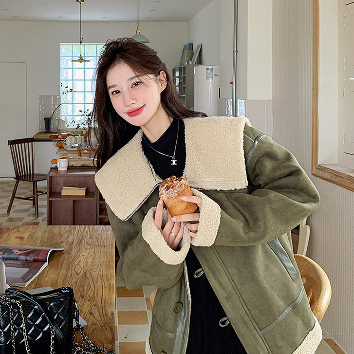 Korean-style Retro Green Suede Lambswool Coat Women's