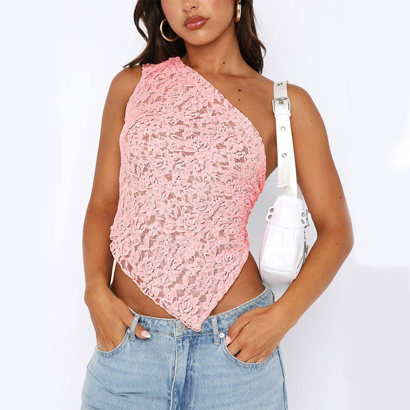 Sexy Tie-Back One-Shoulder Crochet Lace Cami Top Women's Clothes
