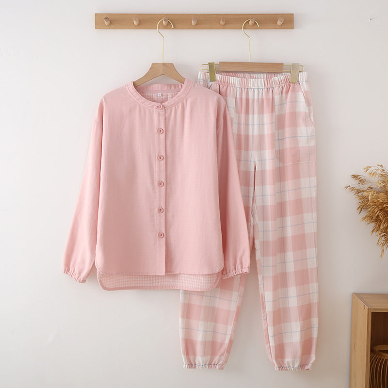 Classic Notch Collar Top & Checkered Bottoms PJs Color Woven Double Gauze Couple Cotton Pajamas Set Day Round Collar Long Sleeve Four Seasons Thin Men And Women Home