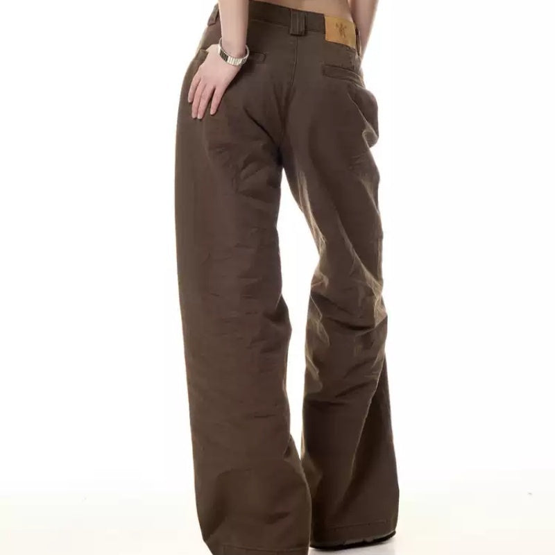 Y2K Tribal Stitch Flared Pants – Brown Statement Streetwear Retro Frayed Stitching Design Multi-pocket Jeans For Women