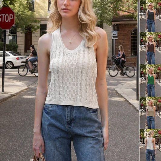 Textured Ribbed Knit V-Neck Tank Top Women's V-neck Tank Vest Fashion Casual Knitted Solid Color Tops