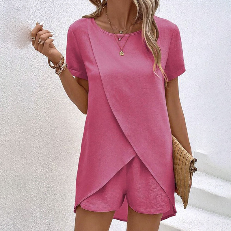 2-Piece Summer Lounge Set, Casual Short Sleeve Top And Shorts Matching Outfit