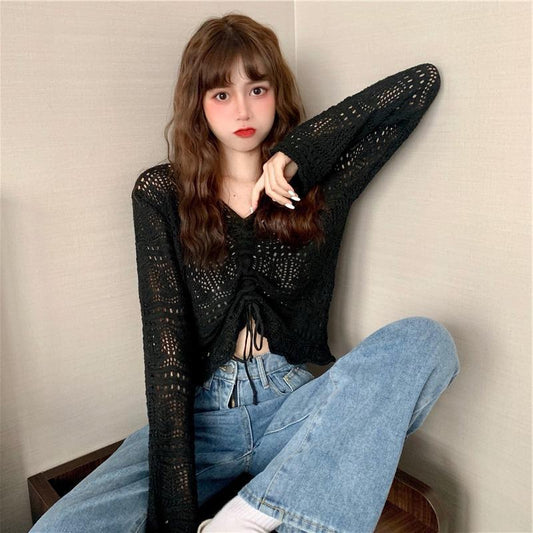 Trendy Open-Knit Tie-Front Cardigan | Sheer Crochet Style Jumper Top New Korean Style Loose V Neck Drawstring Crop Top