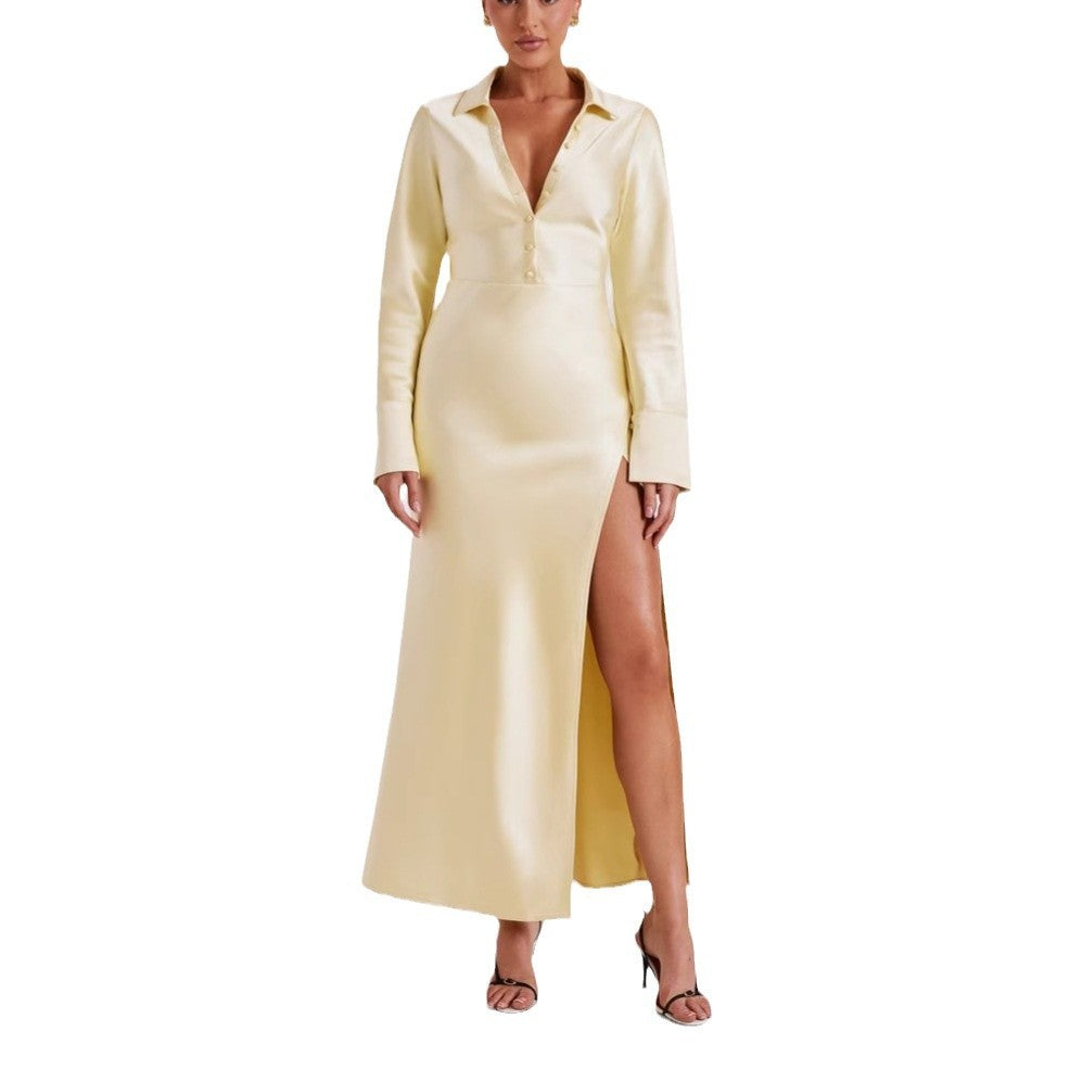 Luxurious Silky Long Dress with Classic Collar & Slit Detail Women's Satin Dress Long Sleeve Split