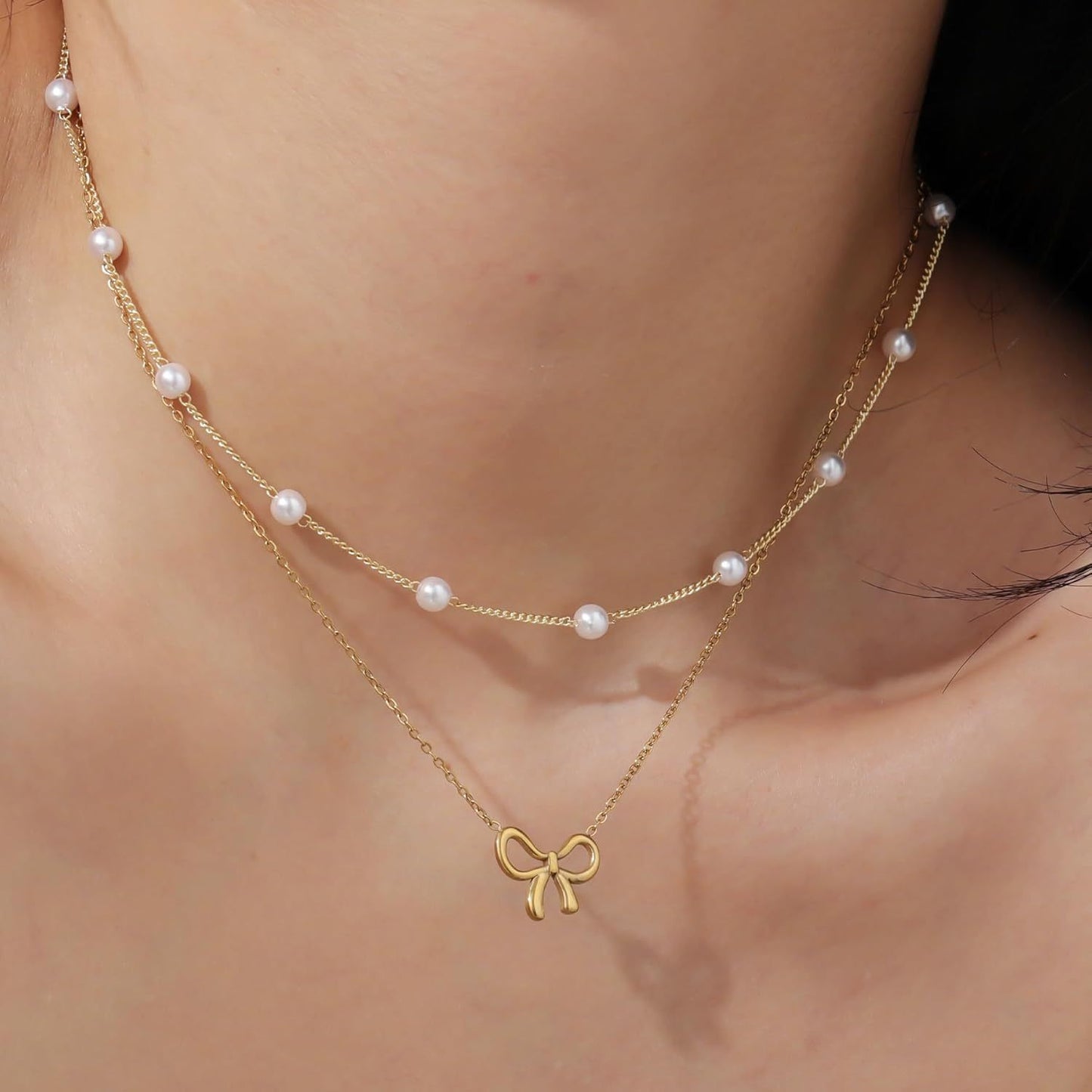 Layered Pearl & Bowknot Pendant Necklace Simple Pearl Double Layer Choker Fashion Gold Color Necklaces Chain Small Bow Pendant Necklace Jewelry Gifts For Women Fashion Jewelry Valentine's Day Gifts