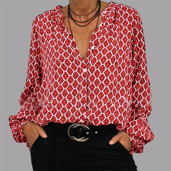 Stylish Loose Fit Blouse with All-Over Geometric Print Lozenge Print V-Neck Shirt Casual Loose Long Sleeve Top Women's Clothing