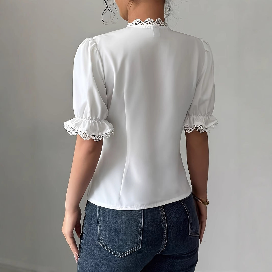 Casual Short Sleeved V-neck Lace Up Pleated Patchwork Solid Color Shirt