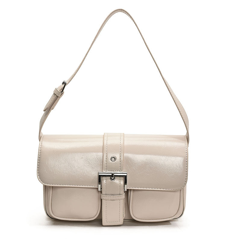 Retro Style Buckle Messenger Shoulder Bag with Front Pockets Simple Design Women's Bag Shoulder Fashion Handbag